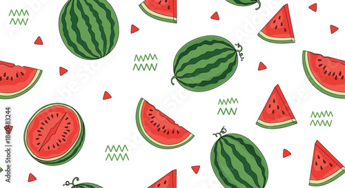 Watermelon seamless pattern with whole and sliced summer fruits scattered on white background for fresh food designs vector illustration
