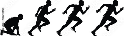 Sequence of black runner silhouettes showing sprint start, athlete accelerating from crouch position to full run, cad drawing flat vector illustration.