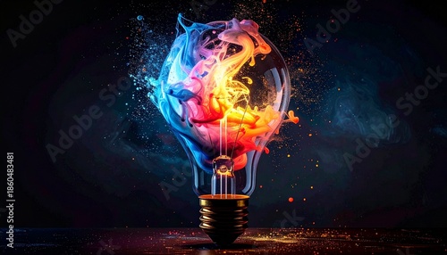 Illuminating Innovation: A vibrant burst of color explodes within a classic light bulb, symbolizing creativity, innovation, and the power of ideas.
