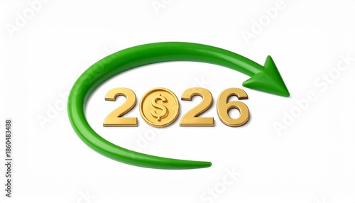 Future Financial Outlook: A symbolic representation of financial growth and progress, showcasing the year 2026 enclosed by a dynamic green arrow, suggesting a journey of economic advancement.