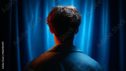 Wallpaper Mural A man stands facing away from the viewer in front of a blue backdrop Torontodigital.ca