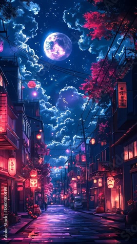 Enchanting nighttime alley with neon lights under a full moon
