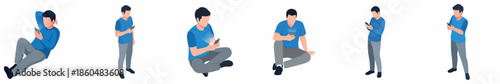 Flat Style Detailed Man Using Smartphone in Different Poses Illustration