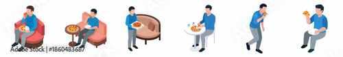 Isometric Man Enjoying Pizza Collection Poses and Situations Illustration