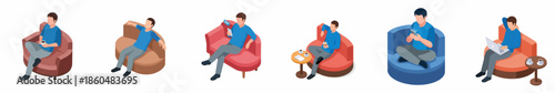 Isometric Flat Design Set of Man Relaxing on Armchair Illustration