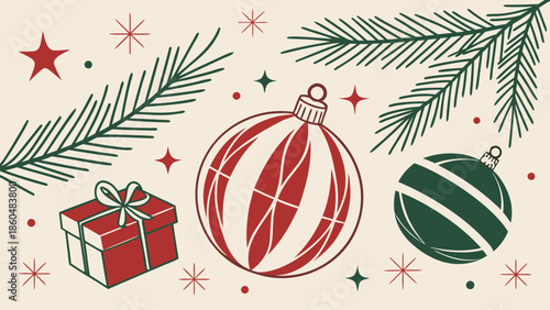 christmas background with balls and christmas tree