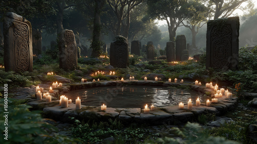 Ancient Slavic pagan ritual site with stones and candles surrounded by a lush forest at twilight