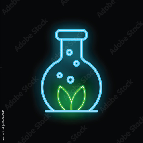 Neon icon of an erlenmeyer flask growing green leaves, representing biotechnology and bioengineering