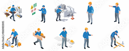 Isometric Professional Construction Worker Set with Various Poses and Activities