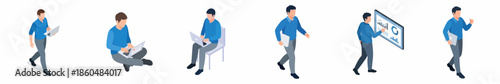 Isometric Detail Business Man With Laptop and Screen Presentation Illustration