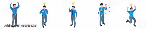 Isometric Diverse Businessman with Idea Bulb Expression Set Illustration