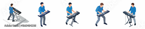 Isometric Character Playing Electronic Keyboard Isolated on White Background Illustration Set