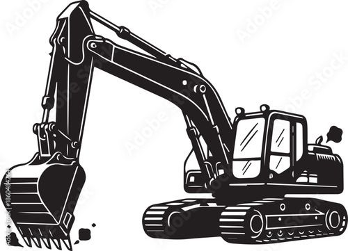Excavator silhouette with bucket, hydraulic arm, and tracks in black construction machinery sketch design
