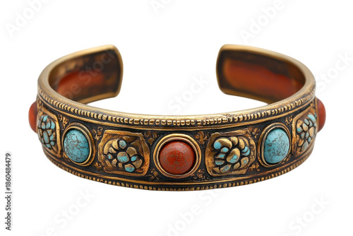 Antique Tibetan brass cuff bracelet with intricate turquoise and red stone on transparent background