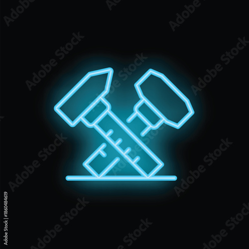 Blue neon sign representing crossed hammer and measuring tape on black background, a great concept for construction and renovation