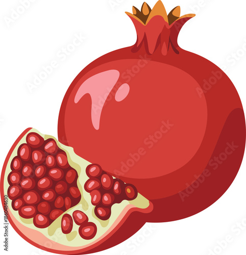 Fresh, pomegranate fruit illustration whole and sliced juicy seeds healthy food vector isolated organic nutrition design vibrant flat style