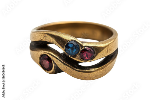 Intricate gold ring with blue sapphire and red rubies Unique wavy on transparent background