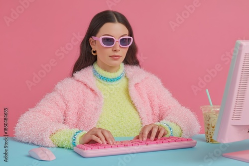 Wallpaper Mural Stylish woman with fluffy pink jacket and sunglasses is using a vibrant pink keyboard at a colorful tech setup, showcasing a playful and trendy workspace atmosphere Torontodigital.ca