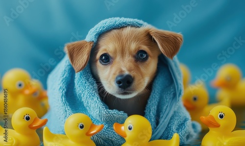 Playful puppy wrapped in a soft blue towel surrounded by yellow rubber ducks, creating an adorable and lighthearted moment,