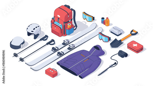 Isometric winter sports gear collection with ski equipment and accessories