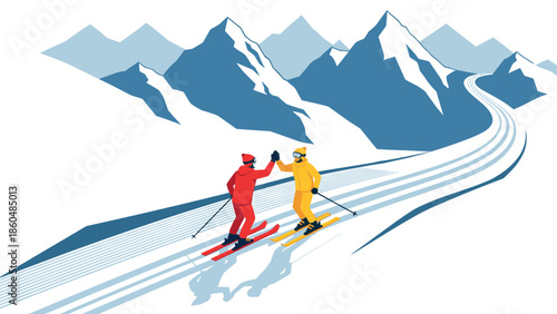 Winter sports enthusiasts celebrate on snowy mountain slope