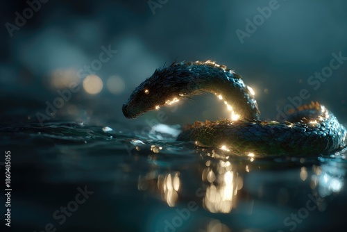 Glowing Reptilian Lake Dragon with Mystical Aura and Serene Water Ripples
