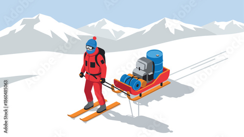 Isometric winter adventure with skier hauling supplies across snowy mountains