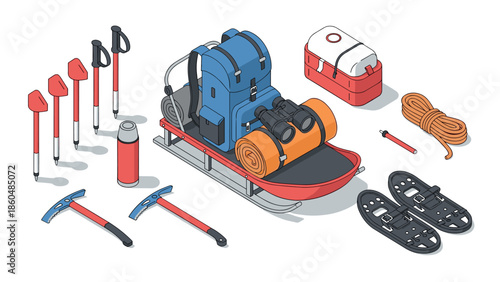 Isometric winter camping gear set: backpack, sled, binoculars, and tools