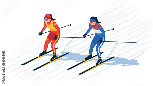 Dynamic winter sports scene: two cross-country skiers racing in bold outfits on snowy terrain