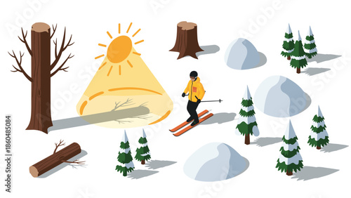 Winter forest adventure with skier under bright sun in snowy landscape