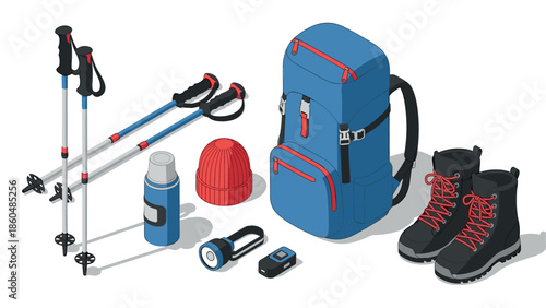 Essential isometric hiking gear with backpack, trekking poles, and more for outdoor adventures