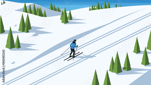Person cross country skiing in winter landscape with snowy hills and evergreen trees