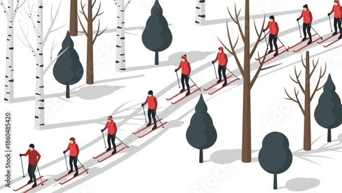 Winter skiing adventure in scenic snowy forest with skiers in red jackets