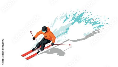 Dynamic winter scene of skier in orange jacket and red skis on snowy slope