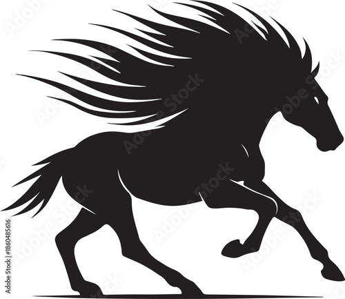 Wild Running Horse Silhouette with Flowing Mane Vector Illustration