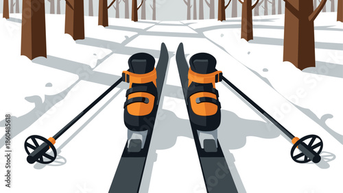 Winter forest cross country skiing adventure with orange ski poles in snowy landscape
