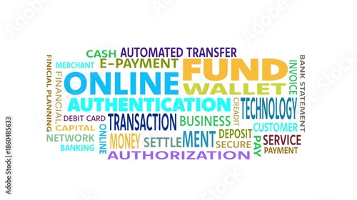 Colorful animated word cloud featuring terms like 'FUND', 'ONLINE', 'WALLET', and 'TRANSACTION' expanding on a white background, representing digital finance and secure e-payment technology.