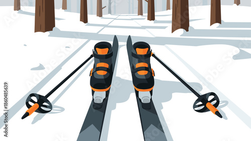 Winter skiing adventure: skis and poles in snowy forest trail