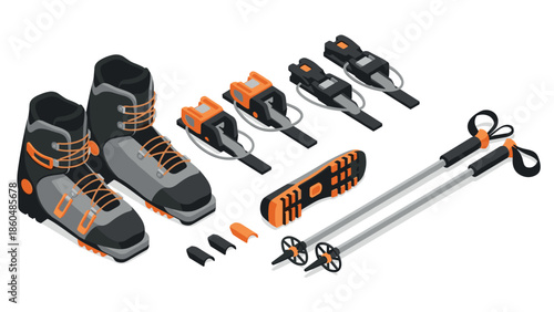 Isometric skiing equipment set: boots, bindings, poles, and accessories