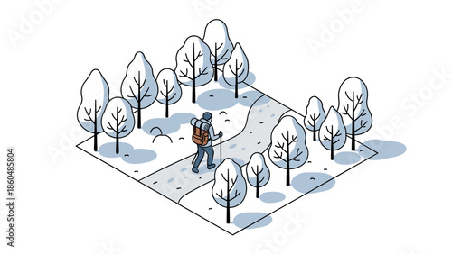 Isometric winter hiking adventure in snowy forest landscape