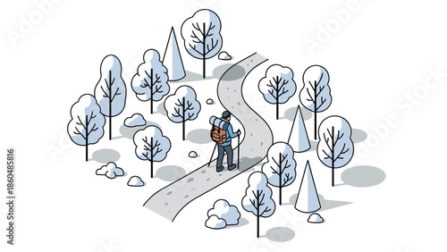 Winter hiking adventure: isometric snowy forest path with backpacker