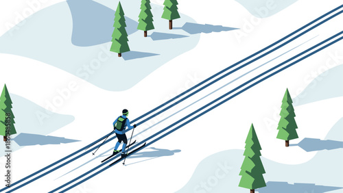 Winter adventure: cross country skiing through snowy pine forest in isometric style