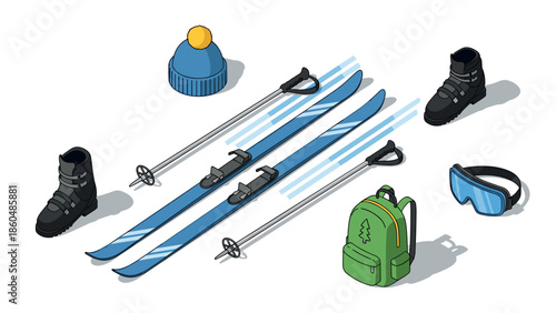Winter adventure gear with skis, poles, boots, and accessories in isometric style
