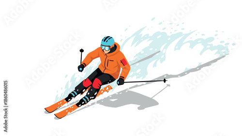 Dynamic skiing action with snow trails in colorful gear