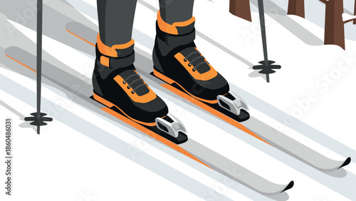Close-up of skier's feet with modern ski boots on snowy slope in winter sports