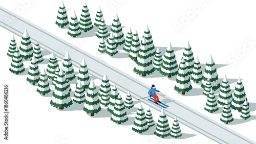 Isometric winter scene with skier on snowy path surrounded by pine trees