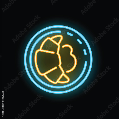 Neon sign representing a croissant on a plate, perfect for representing a bakery or a french restaurant