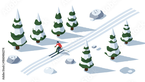 Isometric winter forest scene with skier and snow tracks among pine trees