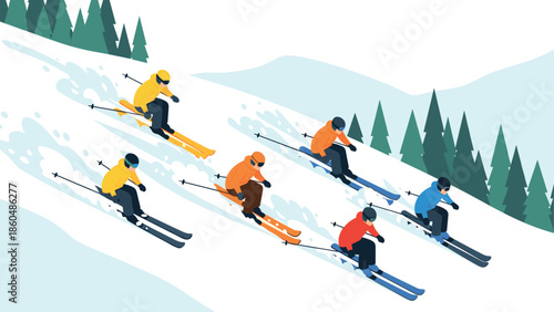 Group of skiers descending snowy slope in winter landscape