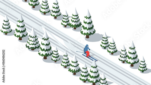 Isometric winter landscape with skiing person through snowy forest